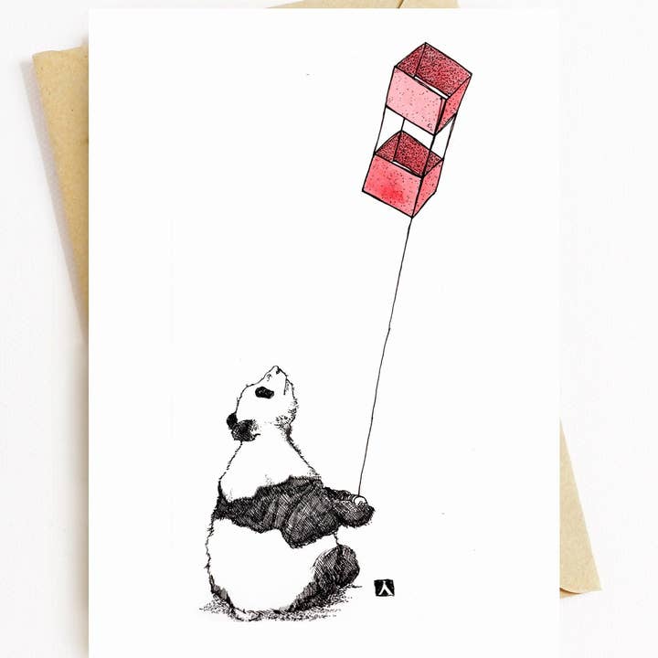 5x7 Inch Greeting Card Of Panda Flying Box Kite for wholesale by Bellavance Ink