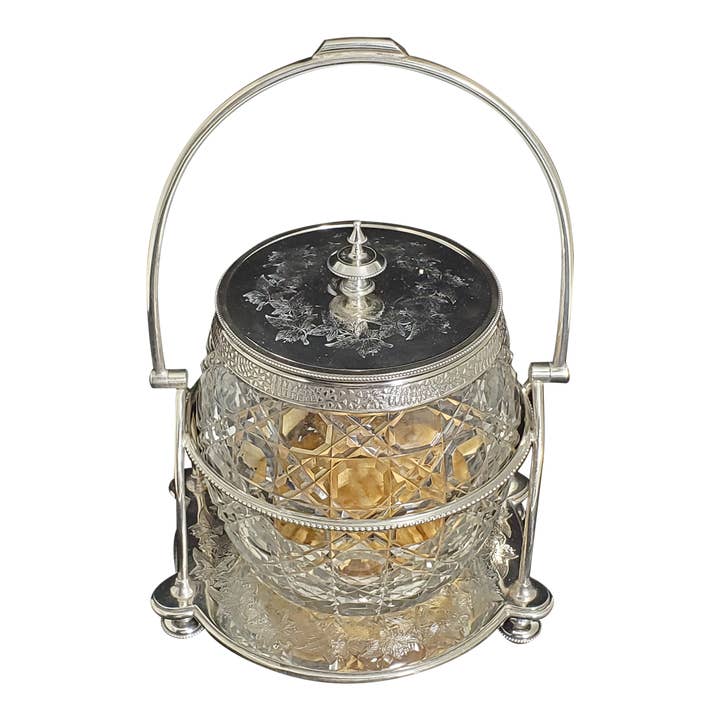 Helecho hoja grabada plateada/cristal cortado galletas barril c.1875 para venta al por mayor de Corbell Silver