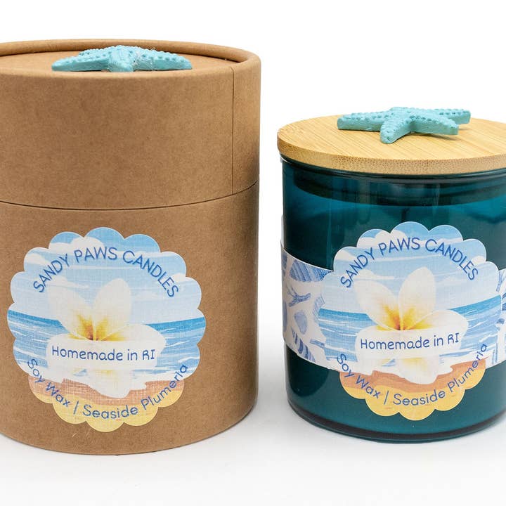 Seaside - Teal Jar in Tube Container - Seaside Plumeria for wholesale by Sandy Paws Candles