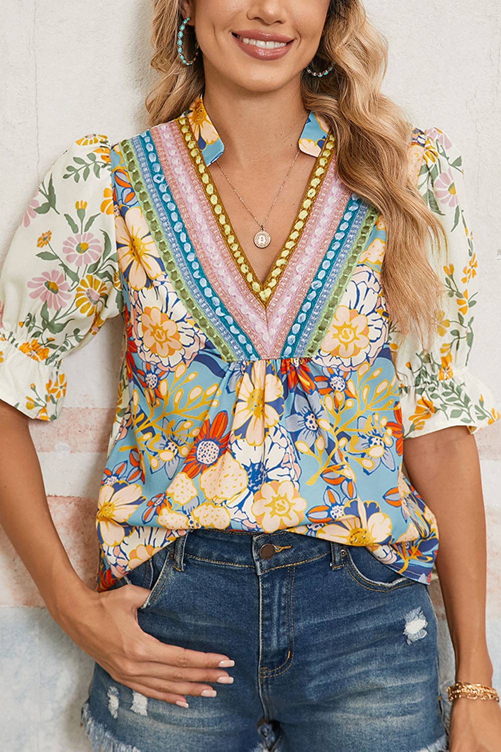 Multicolour Crochet V Neck Half Sleeve Boho Floral Blouse for wholesale on Faire