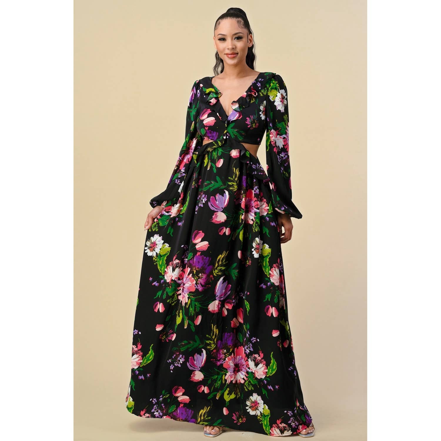 The Sang - Vente Robe – femme - SD3100520-2 - ROBE LONGUE À COL EN V PROFOND À IMPRIMÉ FLORAL1