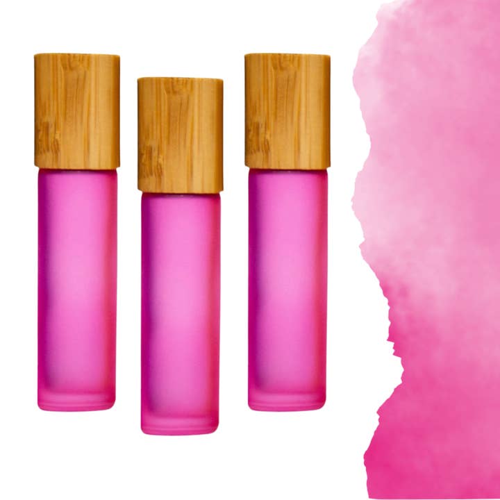 Essential Wellness - Body, Mind, Spirit - Wholesale Essential Oil Roll-On - FROSTED PINK Roller Bottle 10/5ml Glass with Bamboo Cap