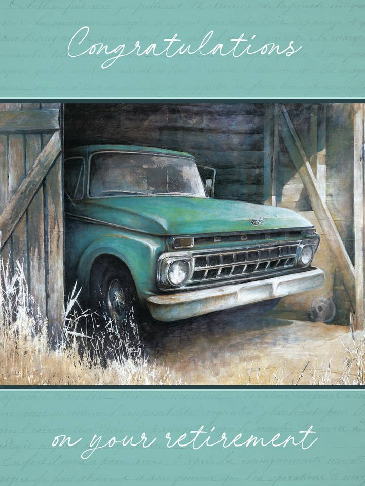 RT/Truck in Barn Retirement Card for wholesale by Greeting Cards by Norcard