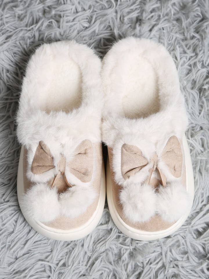MiMi Wholesale - Wholesale Slippers - Women's - JCL6116 Superlux Faux Suede Fuzzy Bow and Pom Pom Slippers0