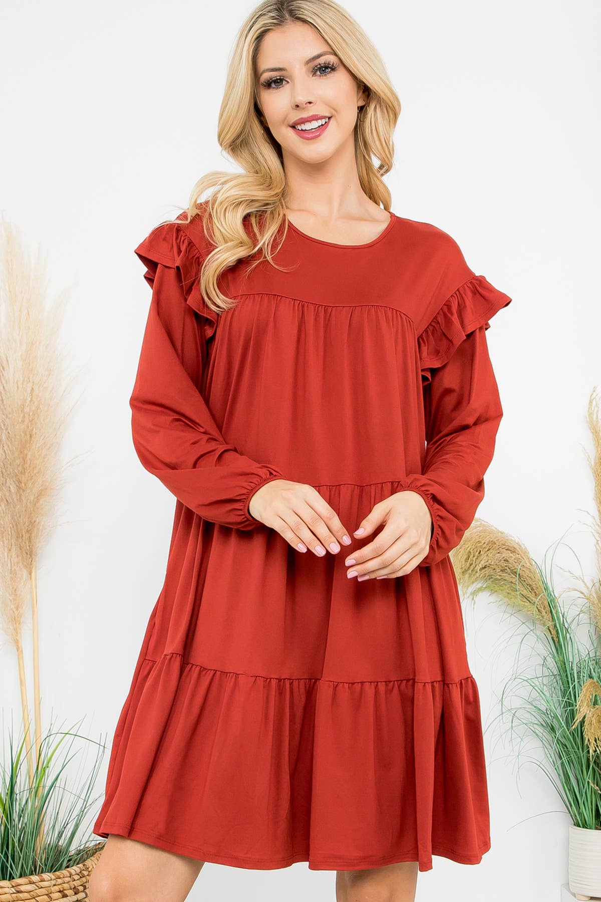 You & Me - Vendita all'ingrosso Vestito - Donna - YMD10024V - ABITO A TINTA UNITA CON DETTAGLIO A VOLANT A MANICHE LUNGHE49