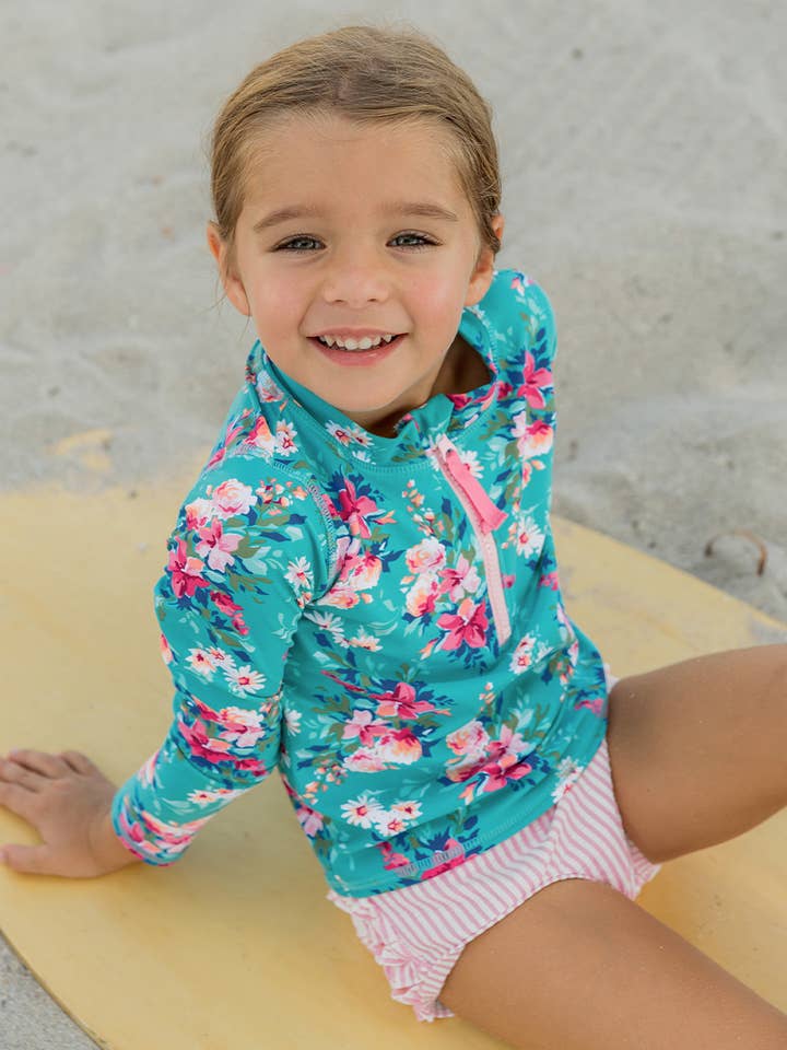 Girls Fancy Me Floral Long Sleeve Zipper Rash Guard 2-Piece Swimsuit with Signature Rear Ruffles
for wholesale by RuffleButts + RuggedButts