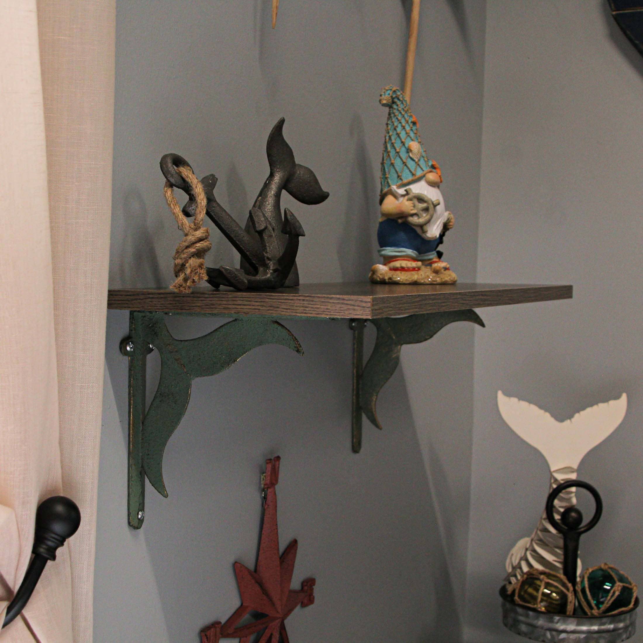 Zeckos - Wholesale Wall Mounted Shelf - Set of 2 Cast Iron Verdigris Whale Tail Wall Bracket Deco3