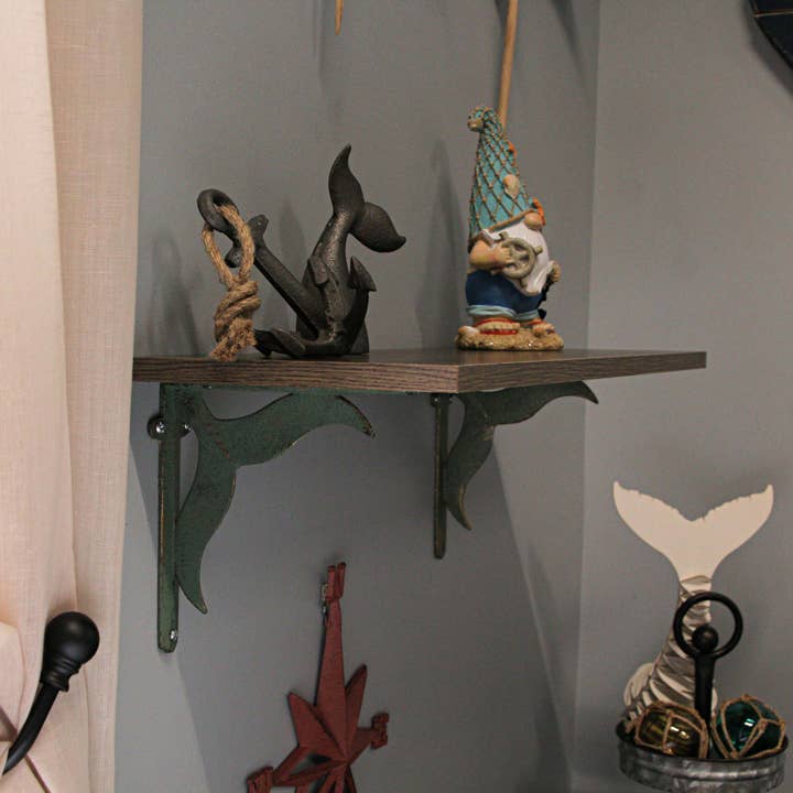 Zeckos - Wholesale Wall Mounted Shelf - Set of 2 Cast Iron Verdigris Whale Tail Wall Bracket Deco3