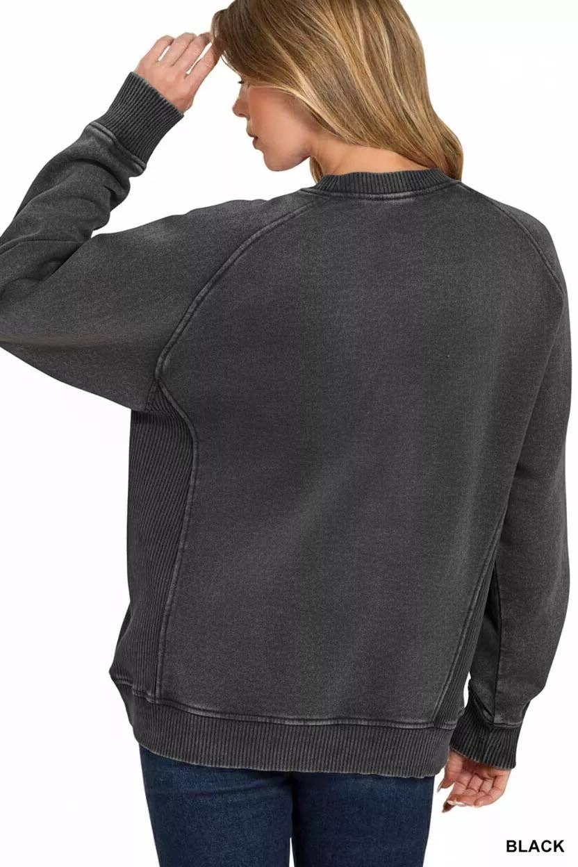 BLACK Zenana Acid Washed Fleece Sweatshirt with Side Rib for wholesale on Faire2