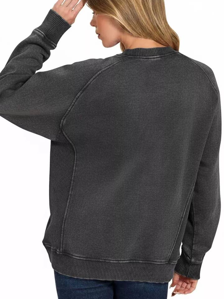 BLACK Zenana Acid Washed Fleece Sweatshirt with Side Rib for wholesale on Faire2