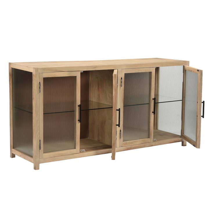 BIDKhome - Wholesale Side Table - Mango Wood Sideboard with Fluted Glass- ST
