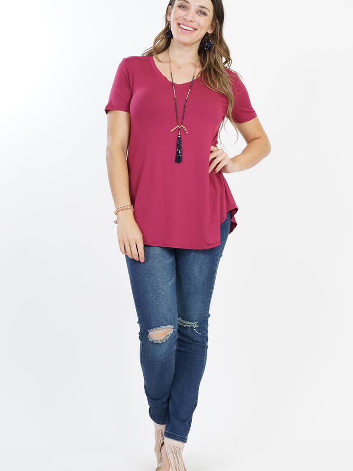 .SI-8159 Plus Premium Rayon Short Sleeve Round Hem V Neck Top for wholesale by 42POPS