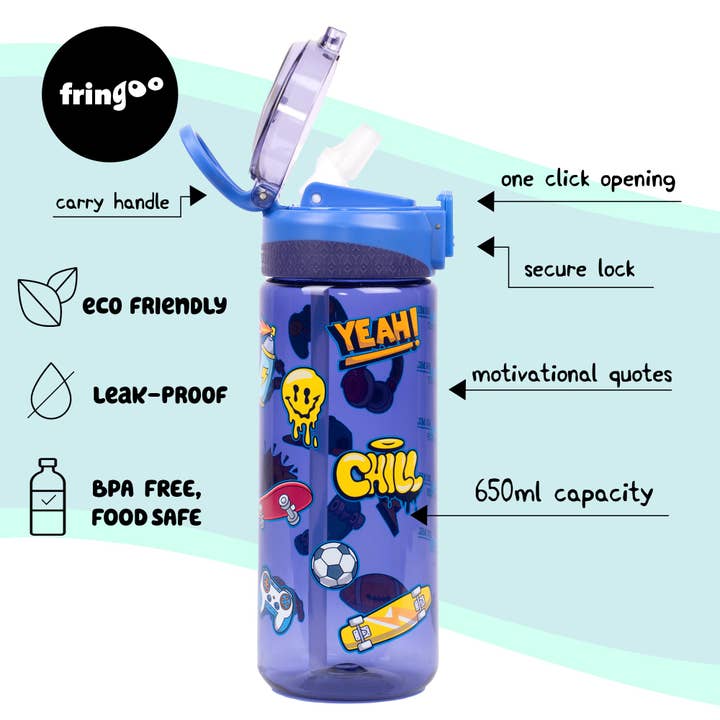 Fringoo Group Ltd - Venta al por mayor Botellas de agua - Botella con pajita - Navy Doodle