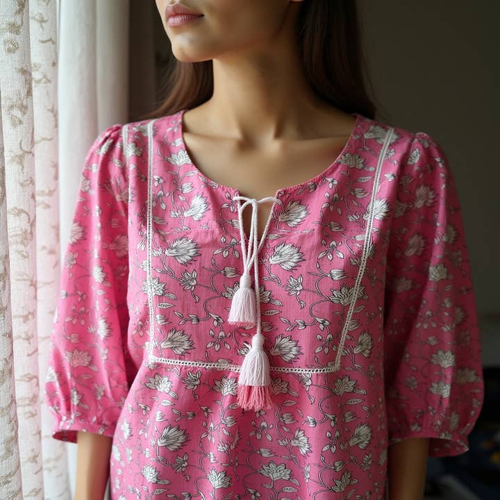 The Indian Bazaar - Wholesale Tunic - Women's - Women's Tunic - Pink and White Floral Print, Tie Strings