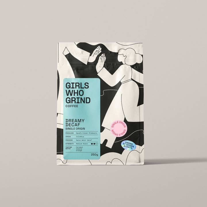 Girls Who Grind Coffee - Vendita all'ingrosso Caffè in grani - Chicchi di caffè decaffeinato, Dreamy Decaf, Cafe Feminino, Perù.