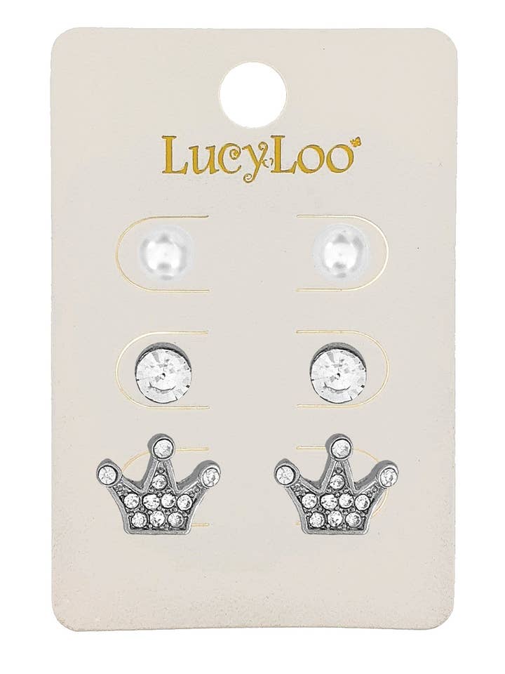 3-Pair Silver Crown Earrings for wholesale by Lucylou Collection