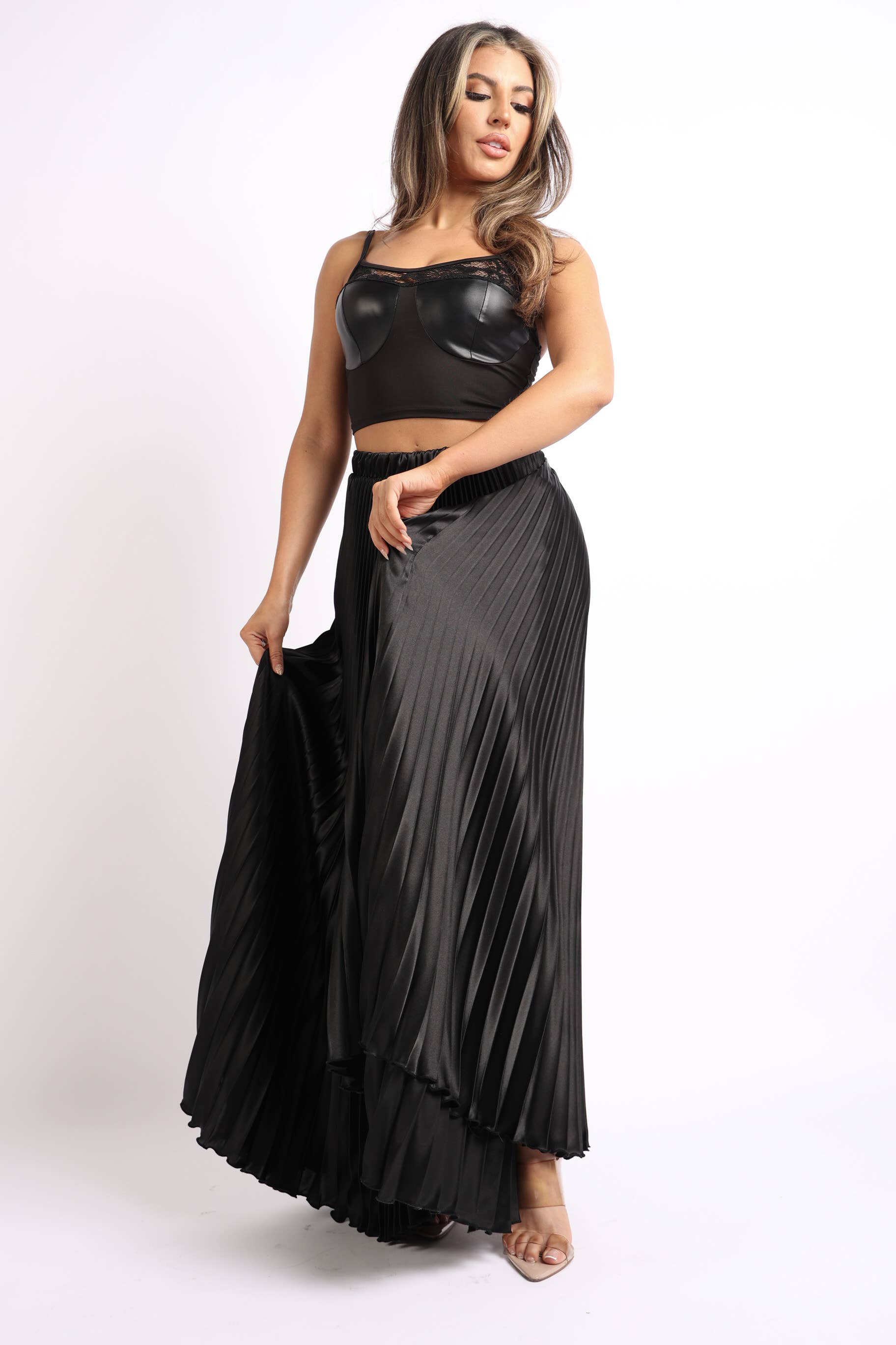 NOIR Jupe longue plissée en satin en vente sur Faire7