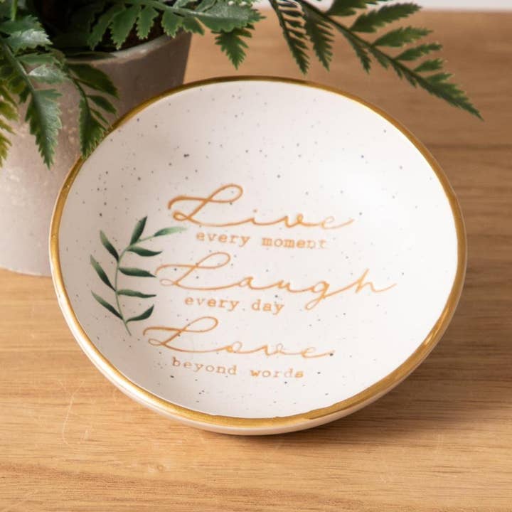 Plato de baratijas: Vive, ríe, ama (Pk/04) para venta al por mayor de Audrey's Home & Gift