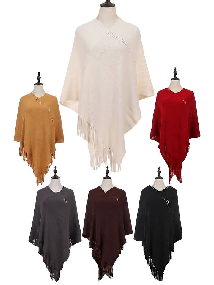 Cap Zone - Wholesale Poncho - Women's - Pearl V-Neck Slit Mesh Knitted Pullover Poncho