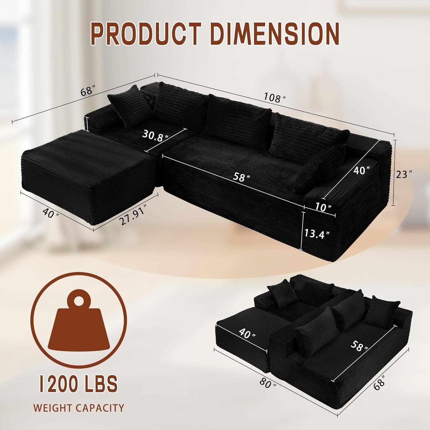 Jet Black 108 Inch L Shape Modular Sectional Sofa Corduroy Fabric For Living Room Comfort Everyday for wholesale on Faire1