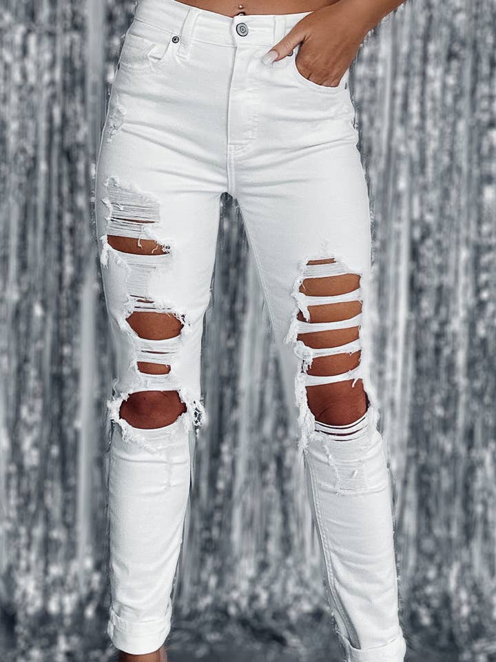 White Distressed Ripped Holes High Waist Skinny Jeans for wholesale on Faire