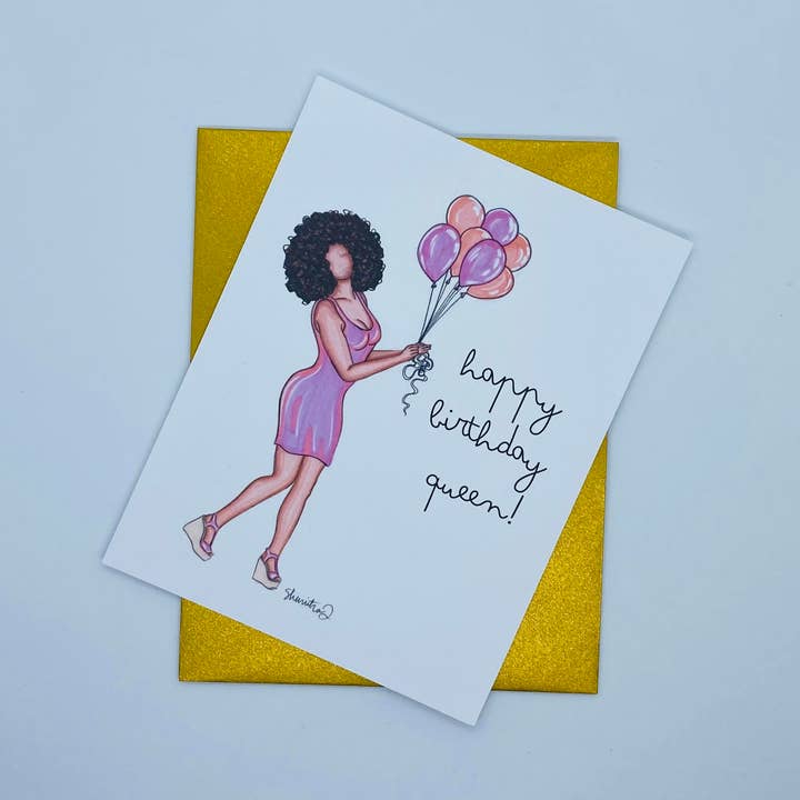 Happy Birthday Queen Greeting Card Pink with Balloons for wholesale by Black Chic Shop