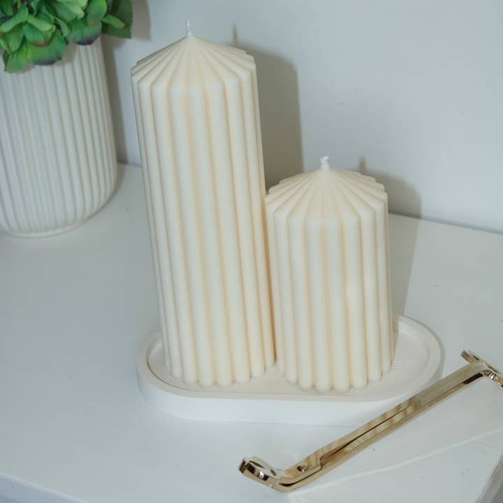 Ribbed Sculptural Pillar Candles Set of 2 for wholesale by ByUwaz