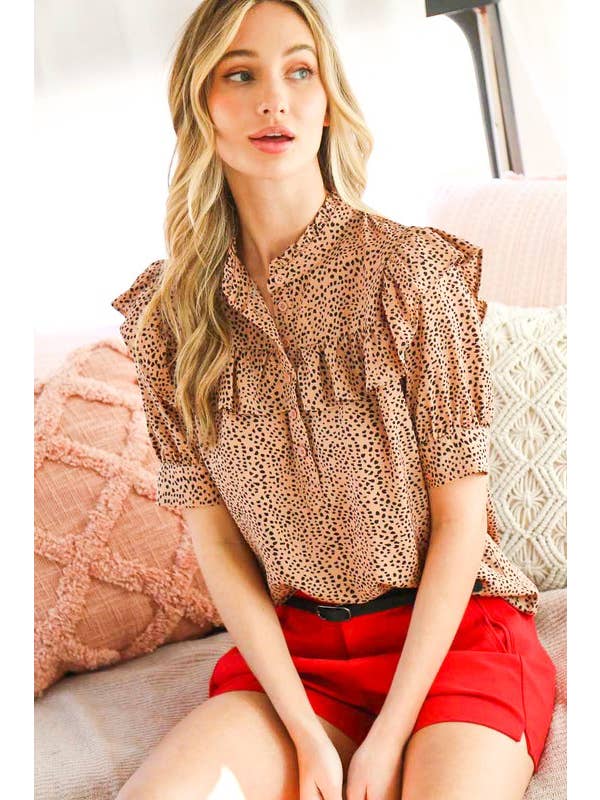 Vine & Love - Wholesale Blouse - Women's - Ruffled Neck Short Puff Blouse Top VT702796