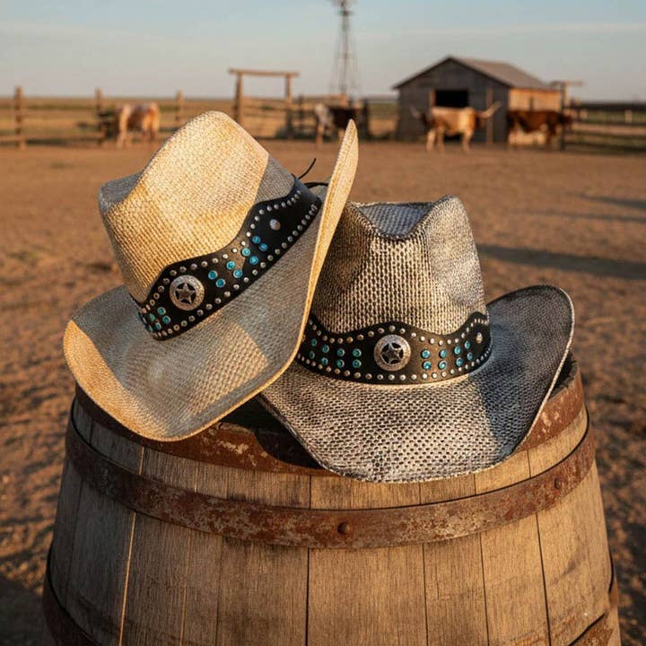 Rustikaler Metallstern Türkis Nieten Verzierter Kunstlederband Stroh Western Cowboyhut für den Großhandel von Sensibling Corp.