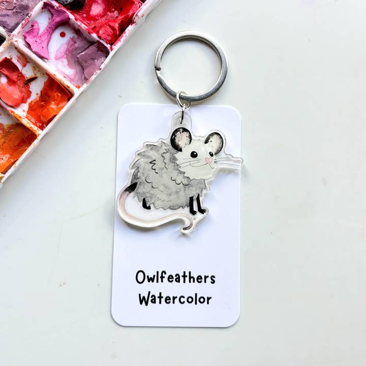 Porta-chaves de Gambá em Aquarela – Arte de Animais de Floresta Encantada por atacado de Owlfeathers Watercolor