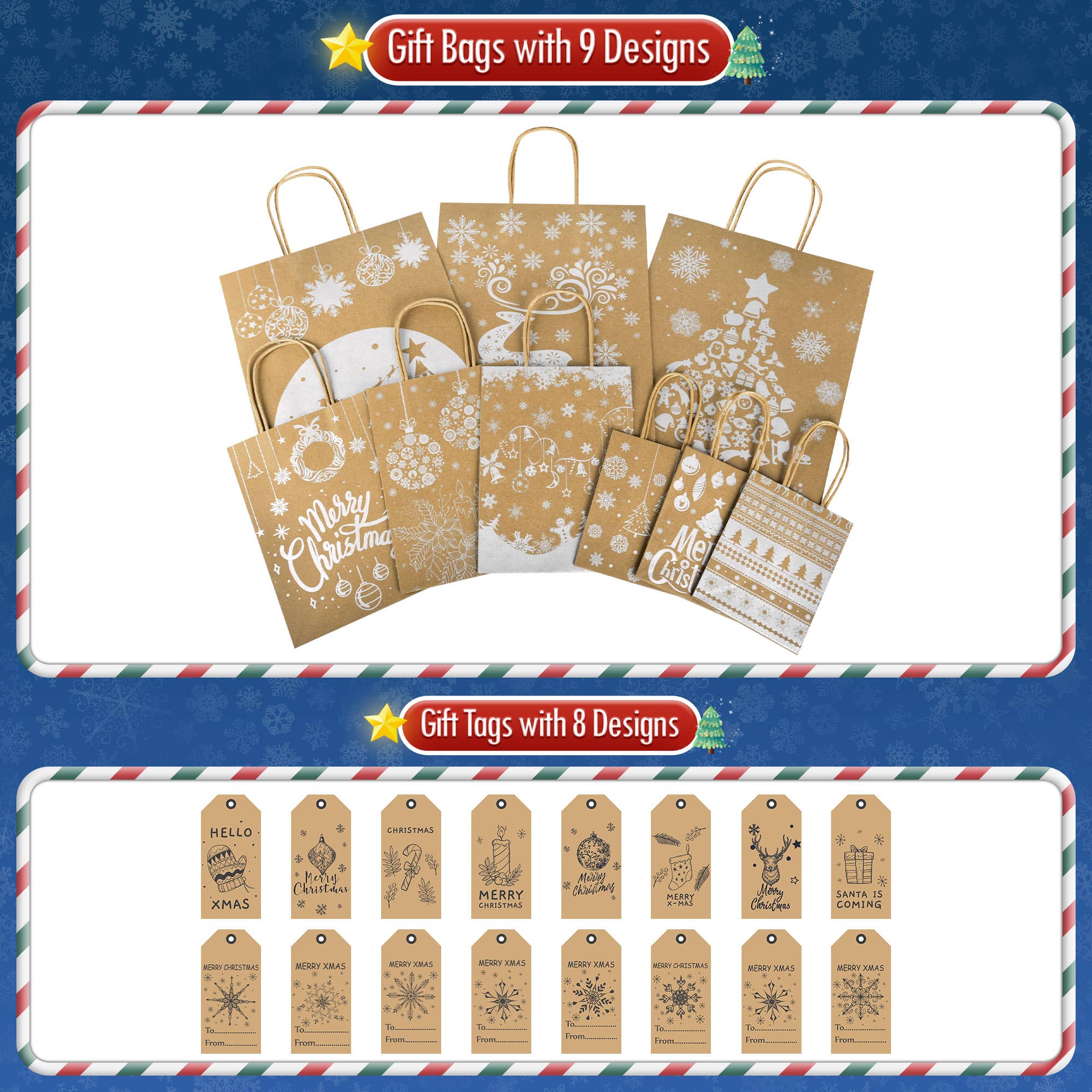 Fun Little Toys - Wholesale Gift Bag Set/Pack - 24PCS Christmas Gift Bags: Eco-friendly Kraft, 3 Sizes2