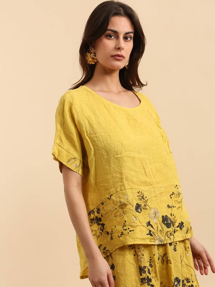 LÉA & LUC - Wholesale Tunic - Women's - Printed blouse with a flower in 100% Linen REF. 12062
