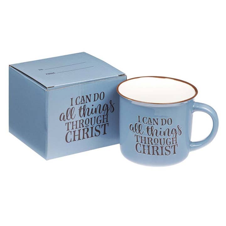 Christian Art Gifts - Wholesale Coffee Mug - Mug Camp Blue/White All Things Through Christ1