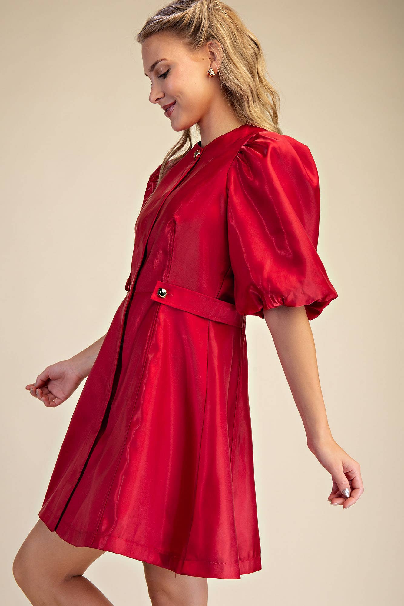 Glam - Wholesale Dress - Women's - Collar Neck Puff Sleeve Waist Detail Shiny Mini Dress12