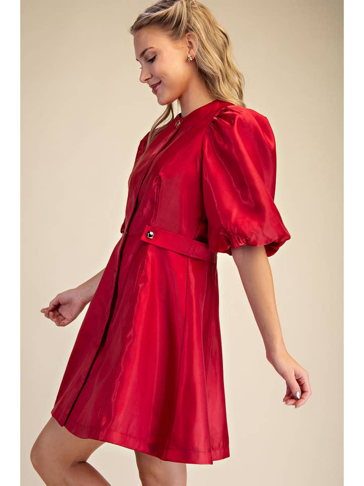 Glam - Wholesale Dress - Women's - Collar Neck Puff Sleeve Waist Detail Shiny Mini Dress12