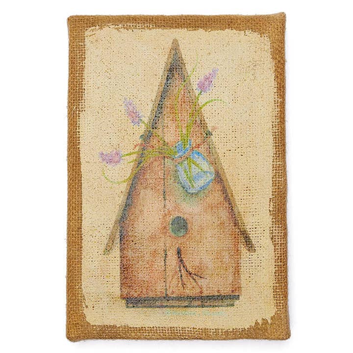 Burlap Birdhouse Print Wall Art - 9" x 6" for wholesale by Factory Direct Craft