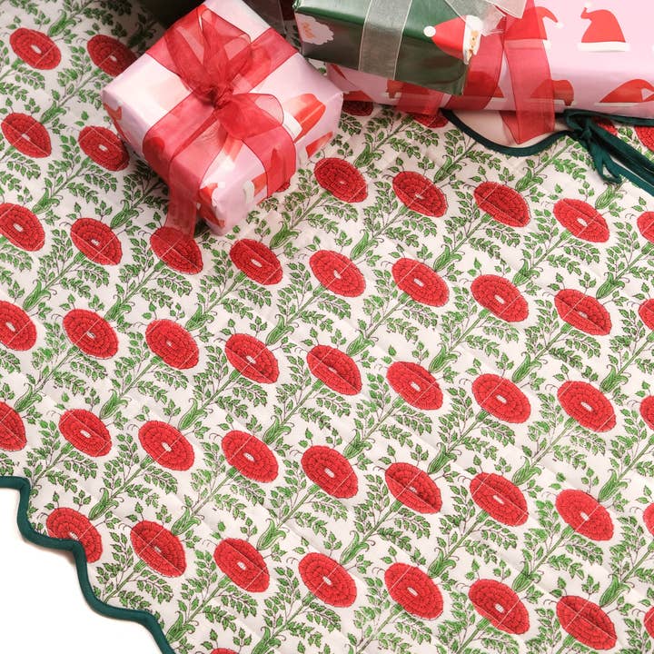 Inner Child - Wholesale Tree skirt - Scalloped Blockprint Quilted Tree Skirt in Araminta Green1