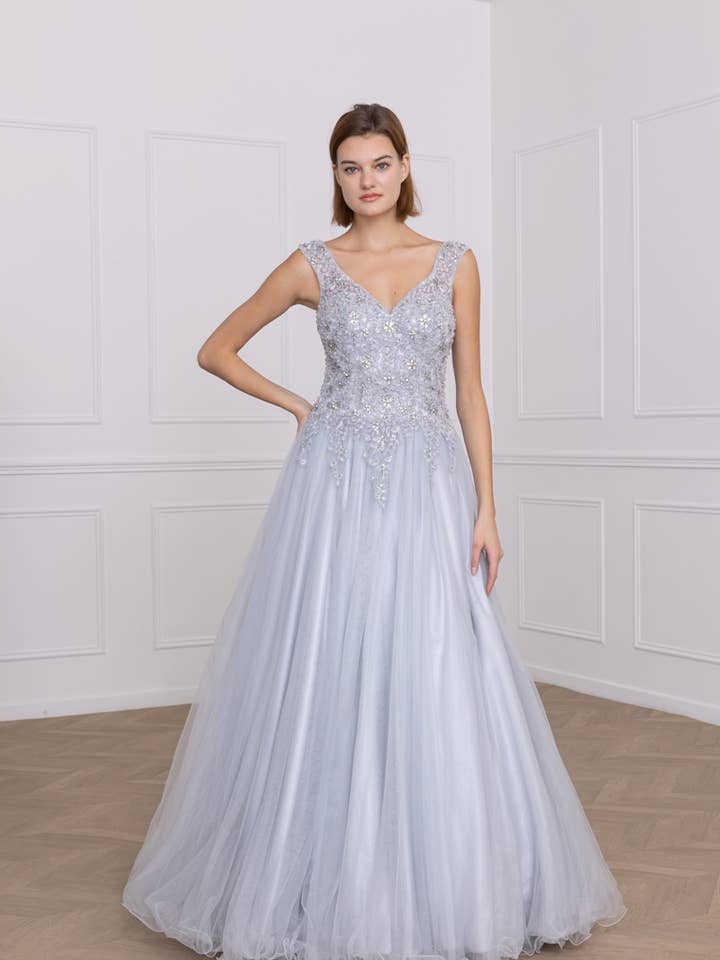 Sky blue princess long evening dress – Embroidered bustier and for wholesale by Promarried
