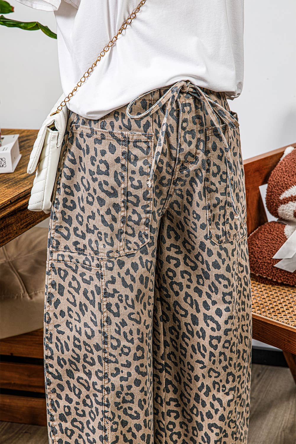 As shown Fashion-W Leopard Drawstring Waist Pocketed Wide Leg Jeans for wholesale on Faire10