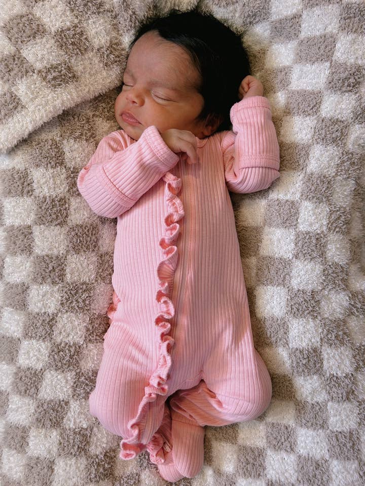 SIIX Collection - Wholesale Jumpsuit - Baby - Pink / Organic Ribbed Frill Zip Footie (Baby - Kids)