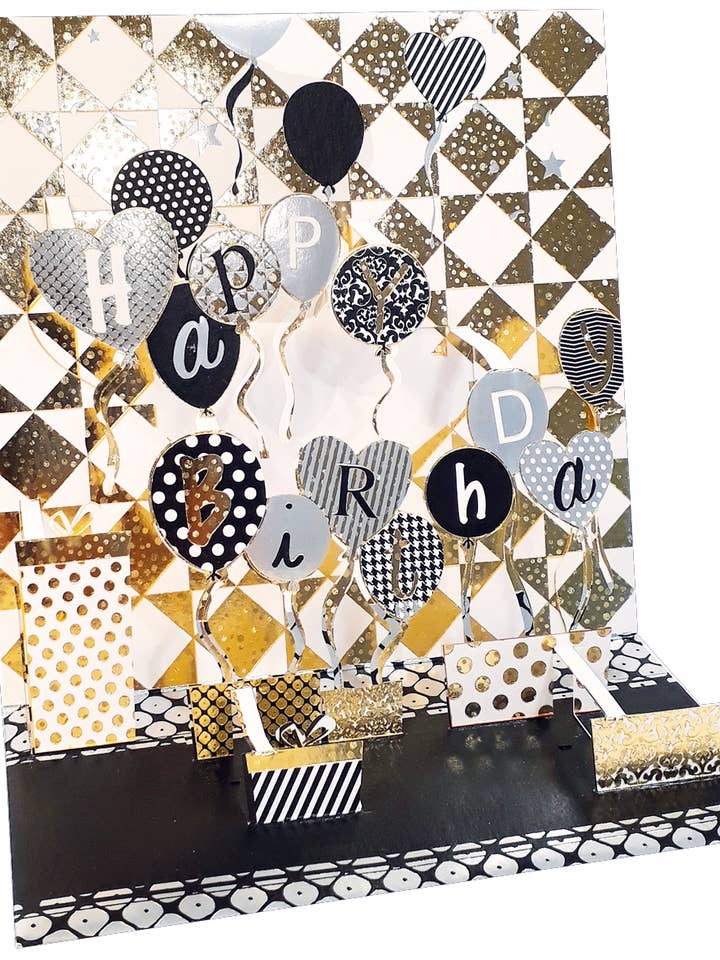 Grande cartolina pop-up nera e dorata con motivo «Happy Birthday» per la vendita all'ingrosso da parte di Party Partners