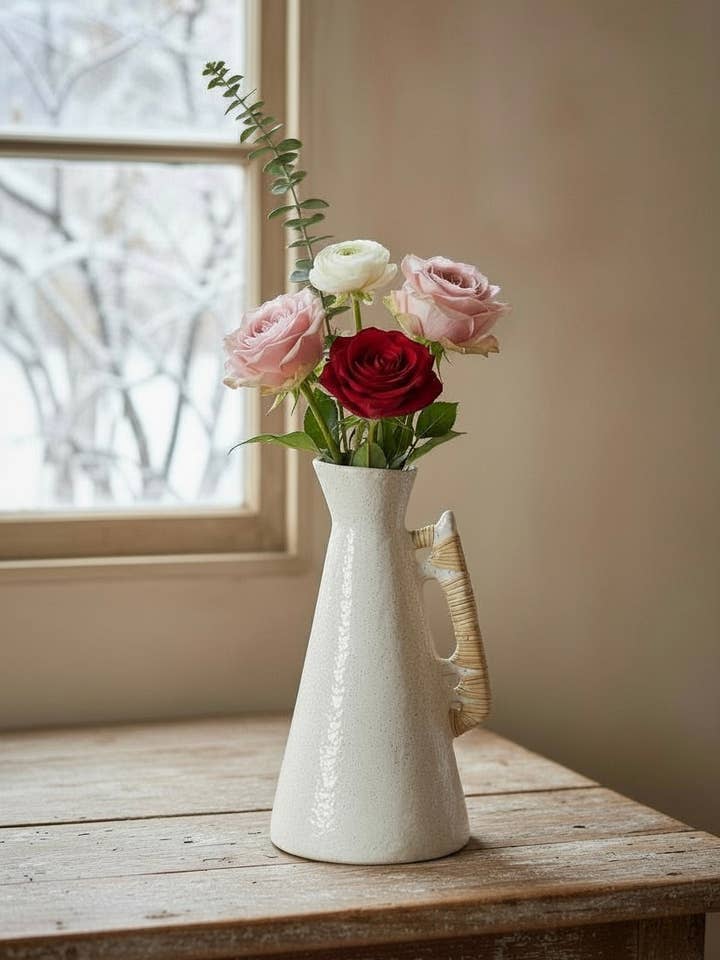 Vase blanc cassé avec poignée en rotin pour la vente par Made Market Co.