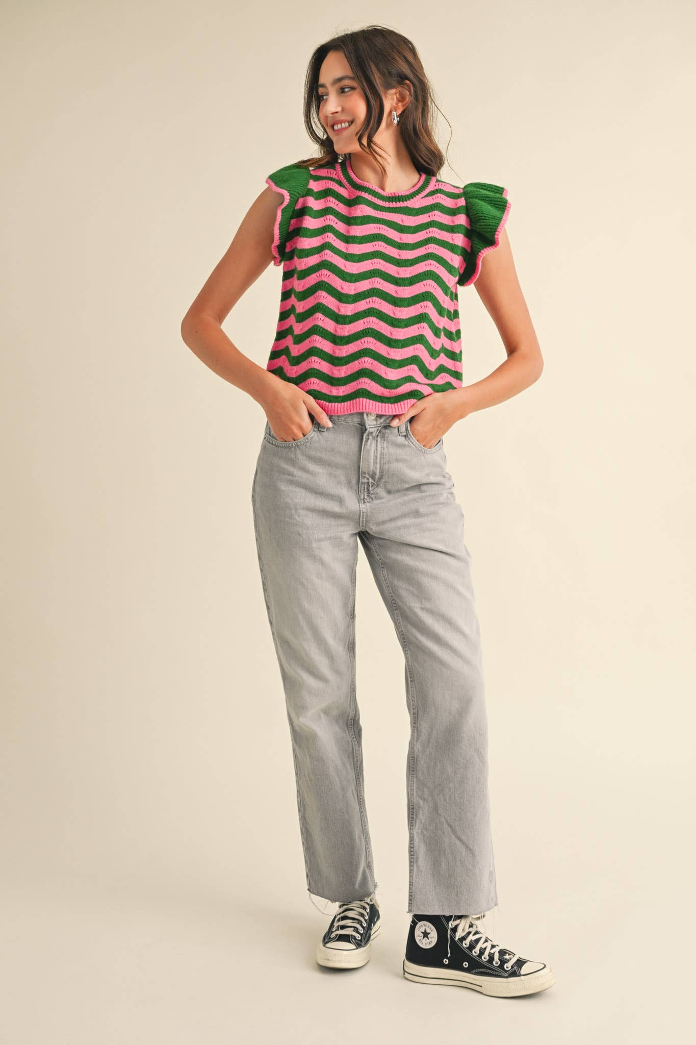 &MERCI - Wholesale Knit Sweater - Women's - WAVY STRIPES FLUTTER SLEEVE SWEATER TOP MSW1050943