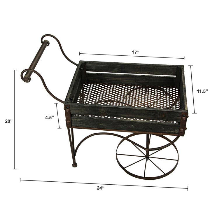 Zeckos - Wholesale Plant Pot Stand - 24 Inch Rustic Black Wood & Metal Wagon Plant Stand