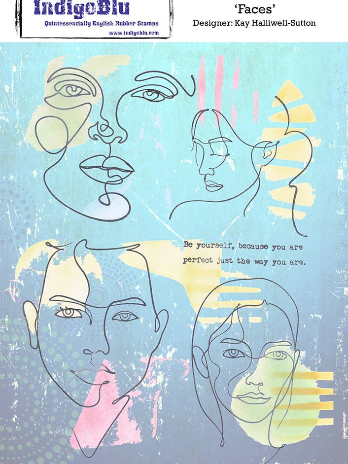 Ansigter A5 rødt gummistempel af Kay Halliwell-Sutton for engroshandel hos IndigoBlu