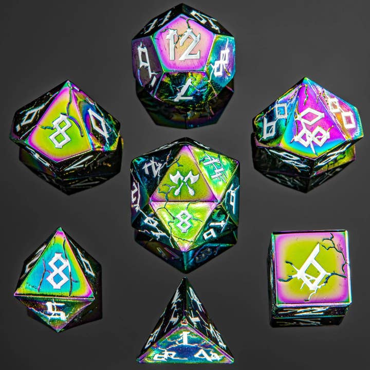 Set de dés polyédriques Barbarian en métal solide, arc-en-ciel pour la vente par Hymgho Premium Dice