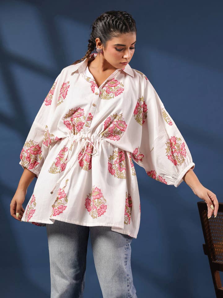 Top Kaftan Estilo Camisa Branco com Estampa Manual por atacado de Jaipur Morni USA