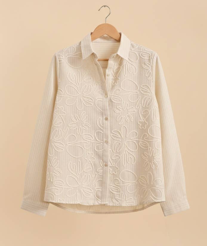 MOOYA - Vente Chemise à col boutonné – femme - Chemise rayure manches longues broderies en lin SJ0031