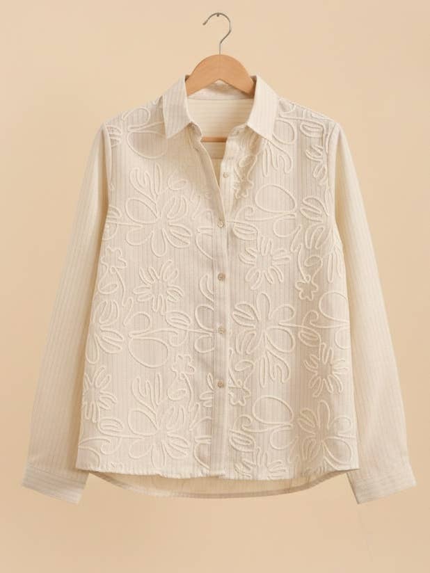 MOOYA - Vente Chemise à col boutonné – femme - Chemise rayure manches longues broderies en lin SJ0031