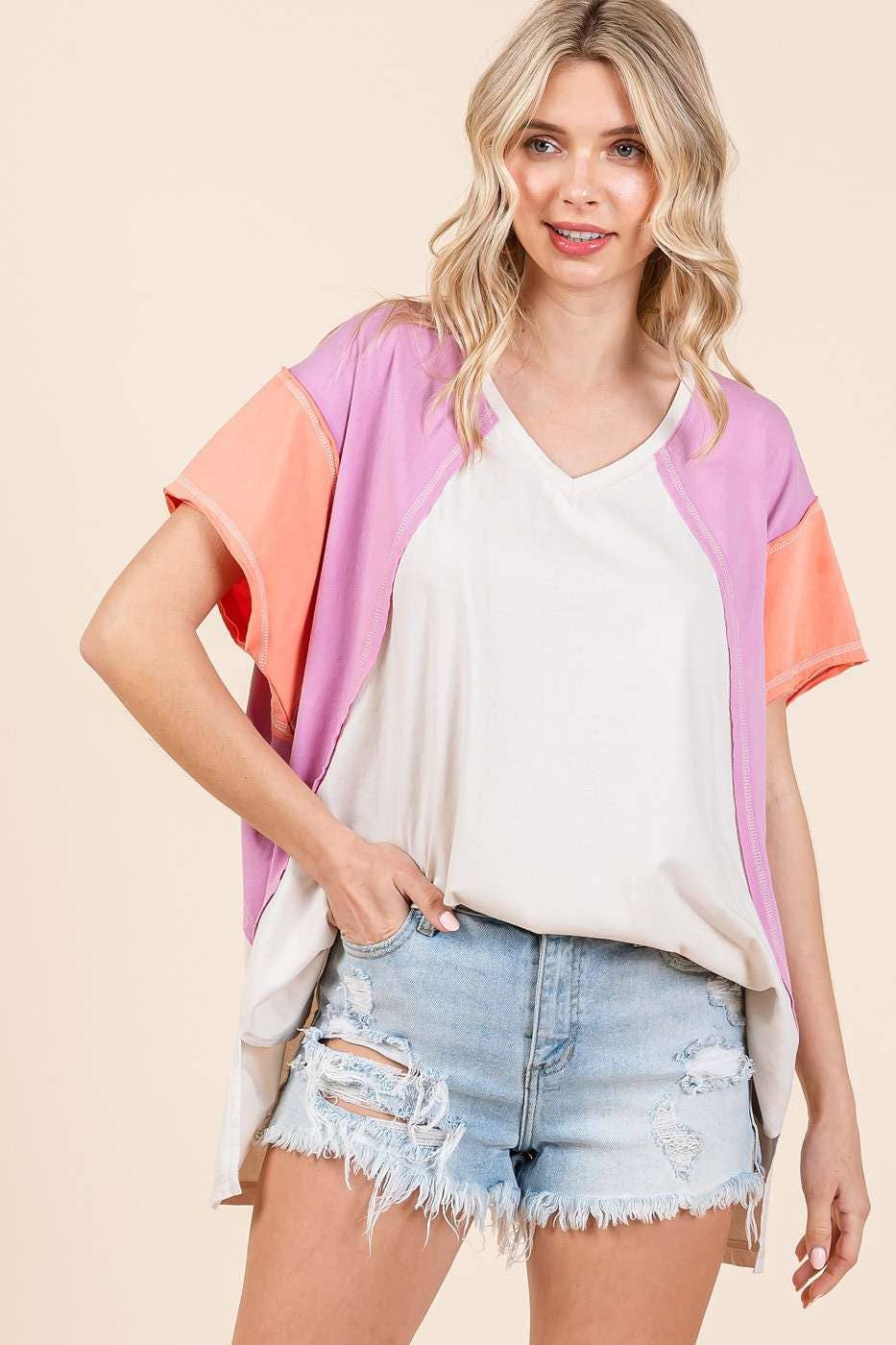 mittoshop – Túnica - Mulher por atacado – TOP DE MALHA DE MANGA CURTA EM BLOCO COLORIDO DE GRANDES DIMENSÕES17